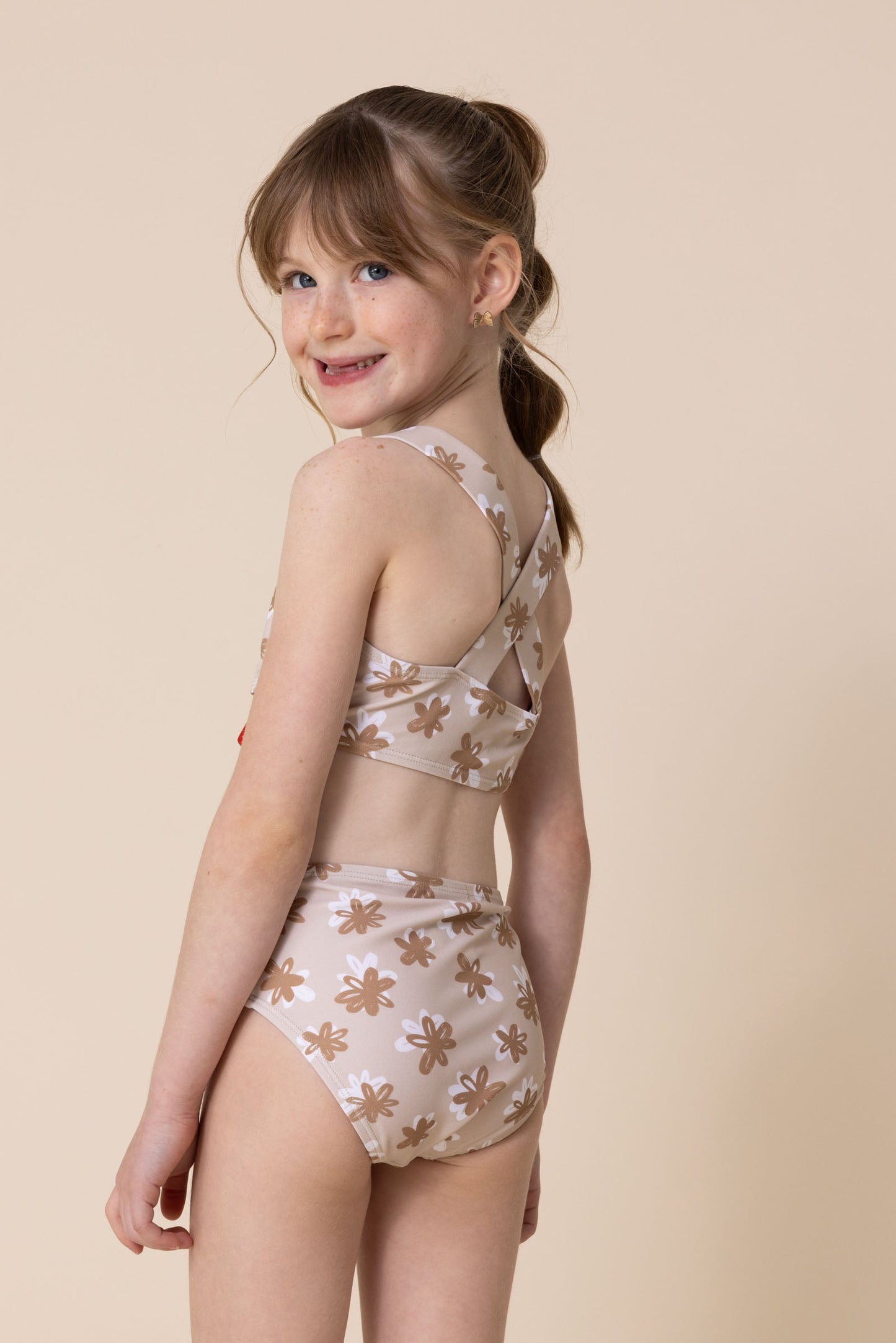 Brown & white floral print 2pc girl swimsuit (size run small, go up 2-3 sizes)