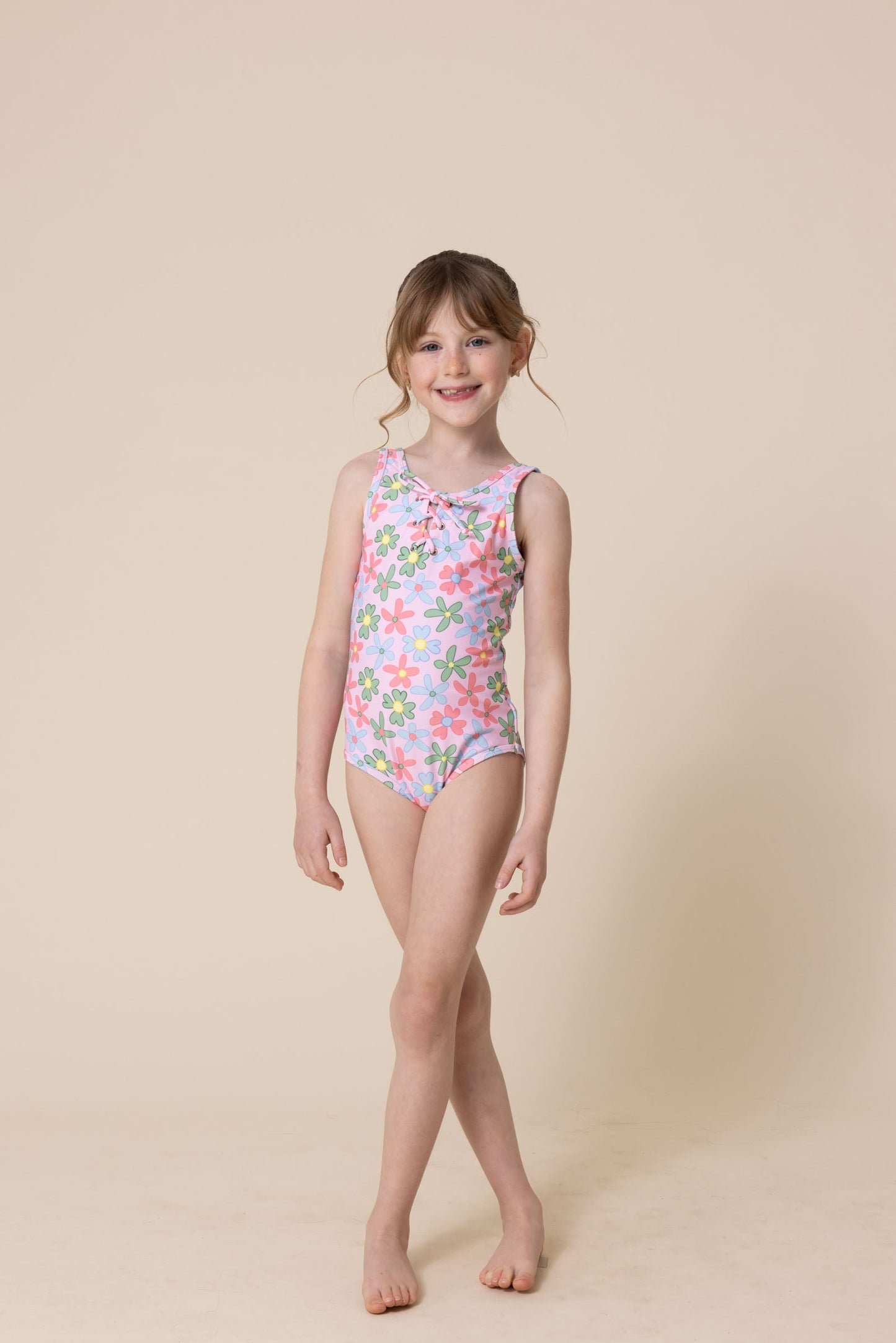 Floral print tie one piece girl swimsuit