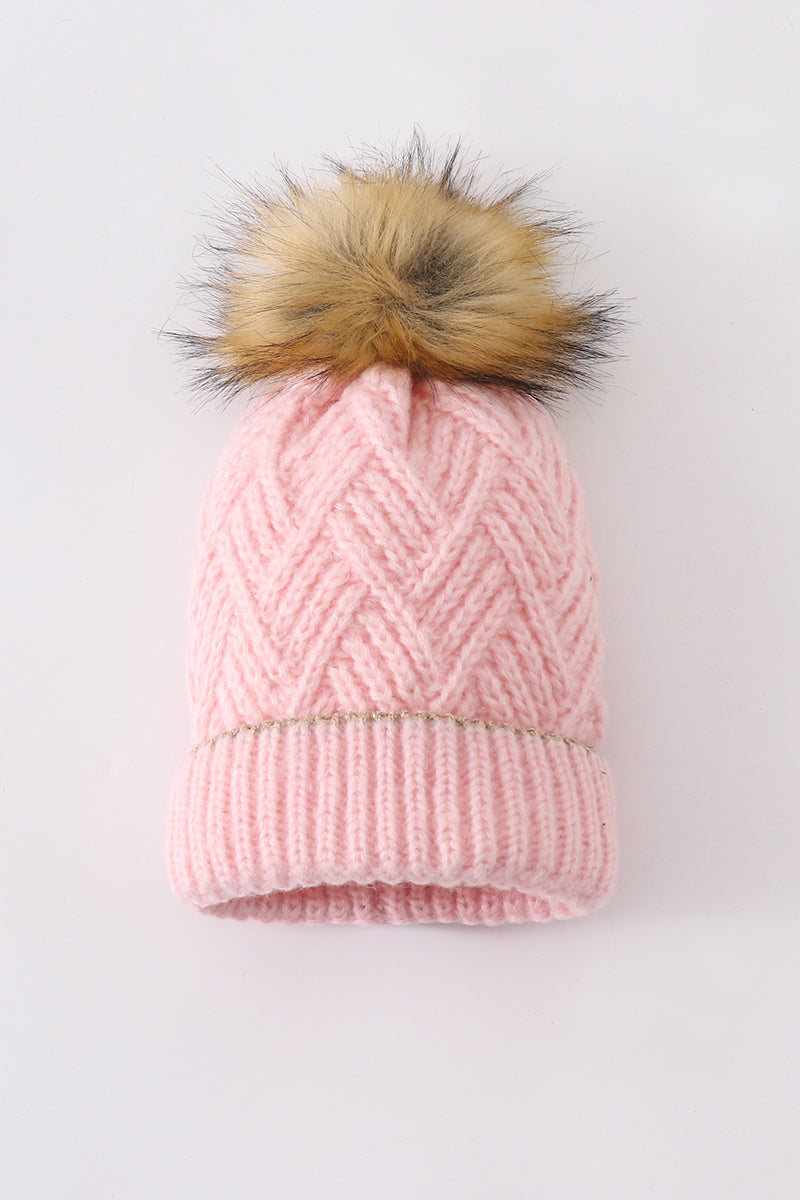 Pink cross cable knit pom pom beanie hat baby toddler adult