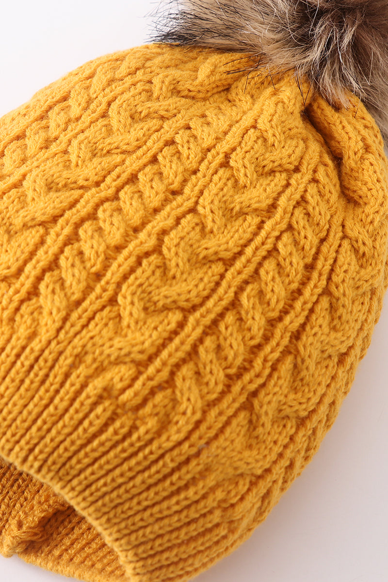 Mustard cable knit pom pom beanie hat baby toddler adult